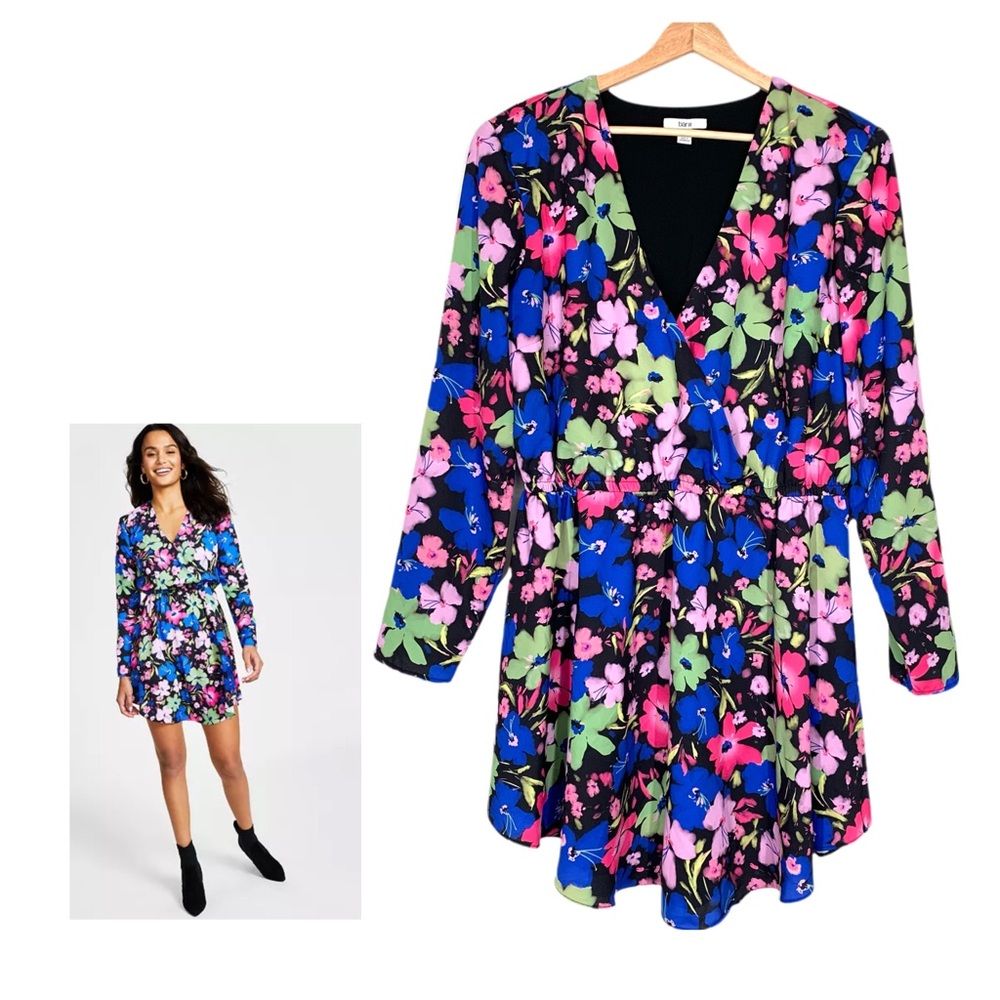 Bar III Women's Floral Printed Long-Sleeve Mini Dress Size XL Multicolor